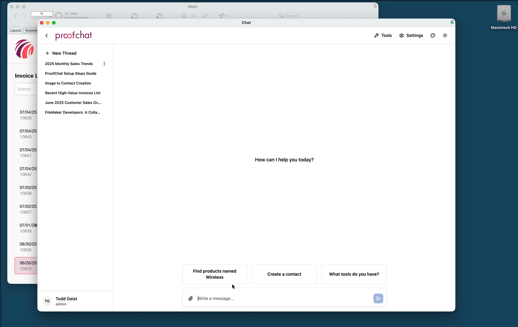 ProofChat streaming UI answering questions about itself